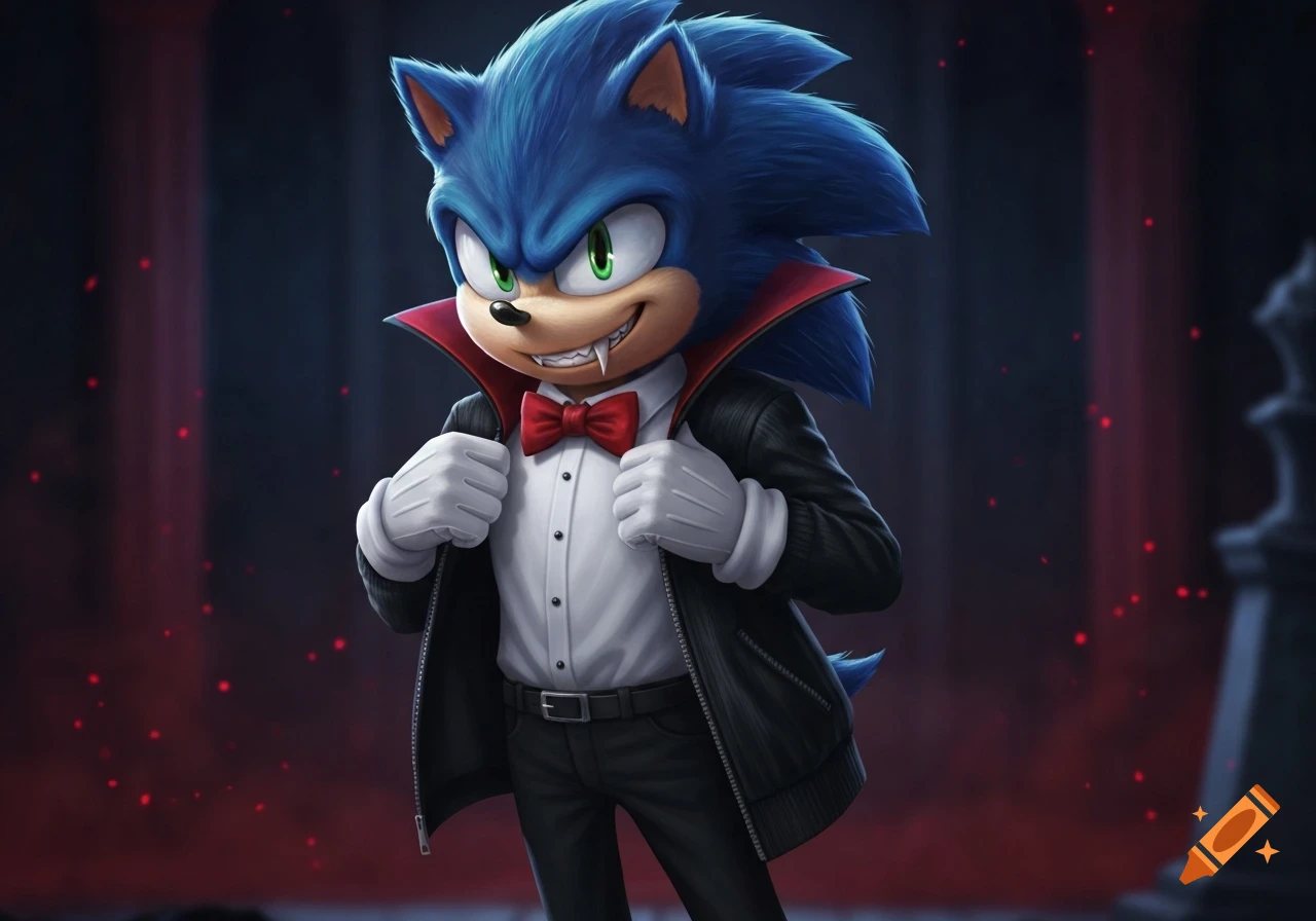 Sonic the Hedgehog, dressed as a vampire in a black jacket, red bow tie, and fangs, smirking against a dark, moody background.
