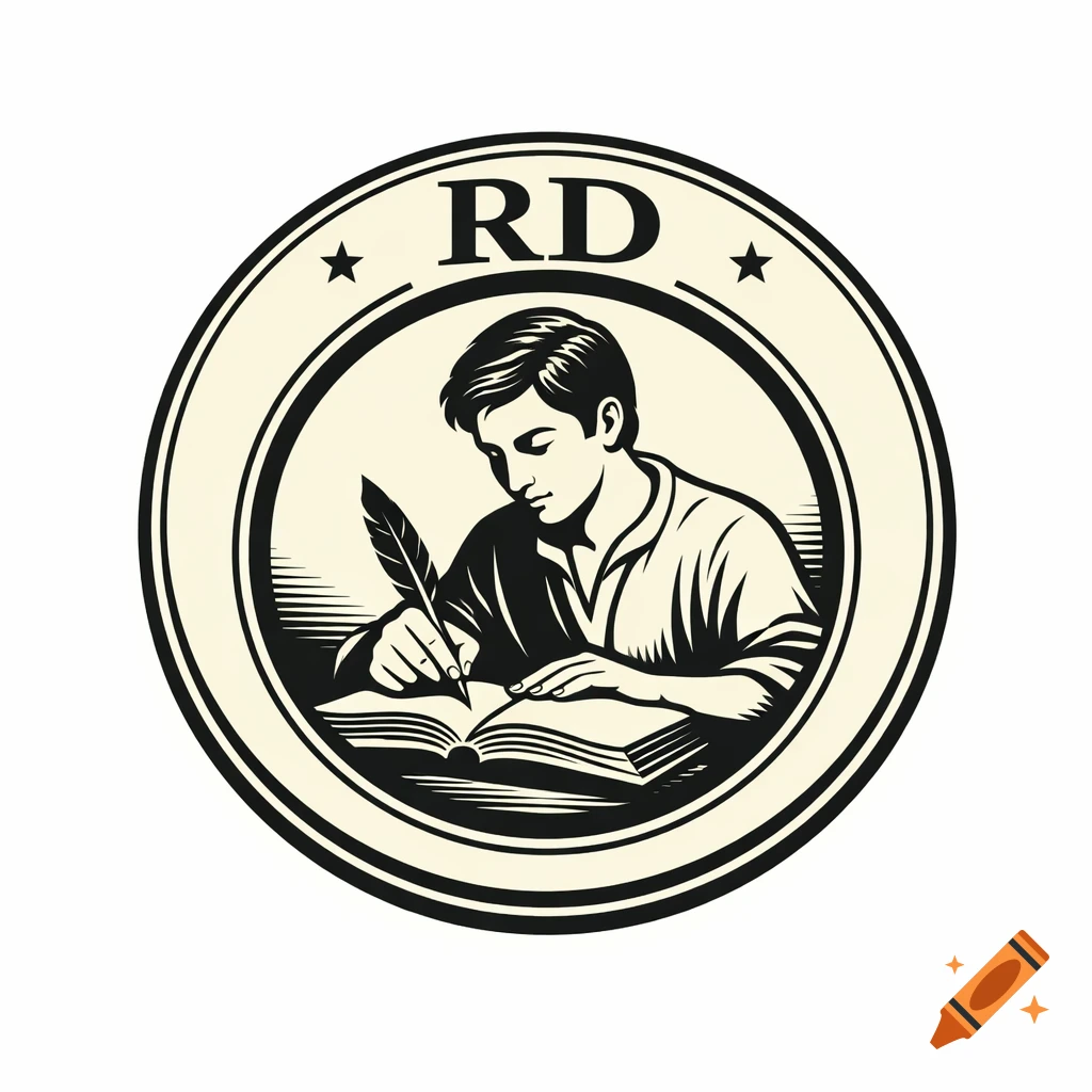 Monochrome circular logo of a man writing in a book with a quill, with "RD" at the top.