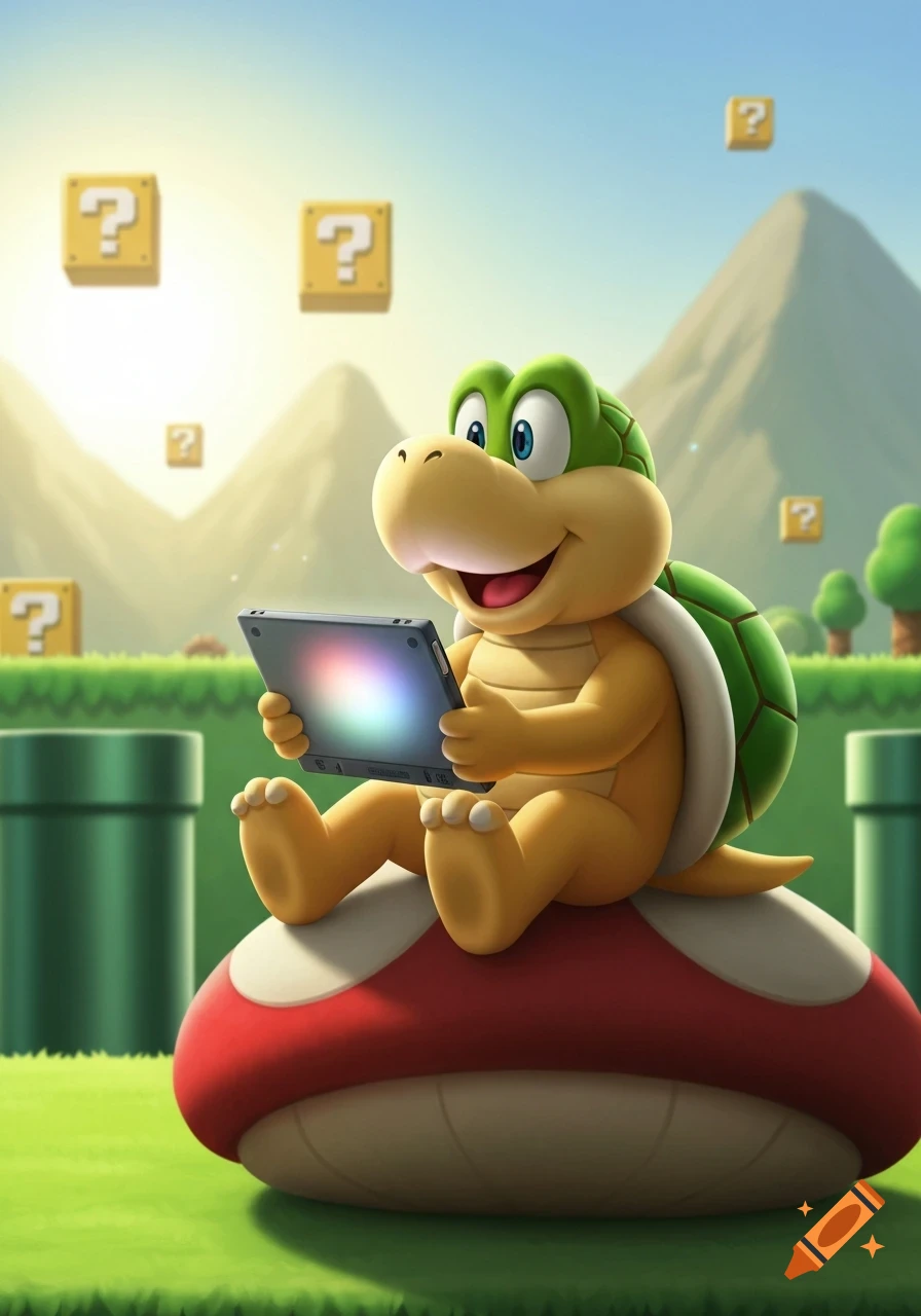 A smiling Koopa Troopa sits on a red mushroom in a Super Mario Bros. landscape, playing on a tablet. Yellow question mark blocks float in the sky.