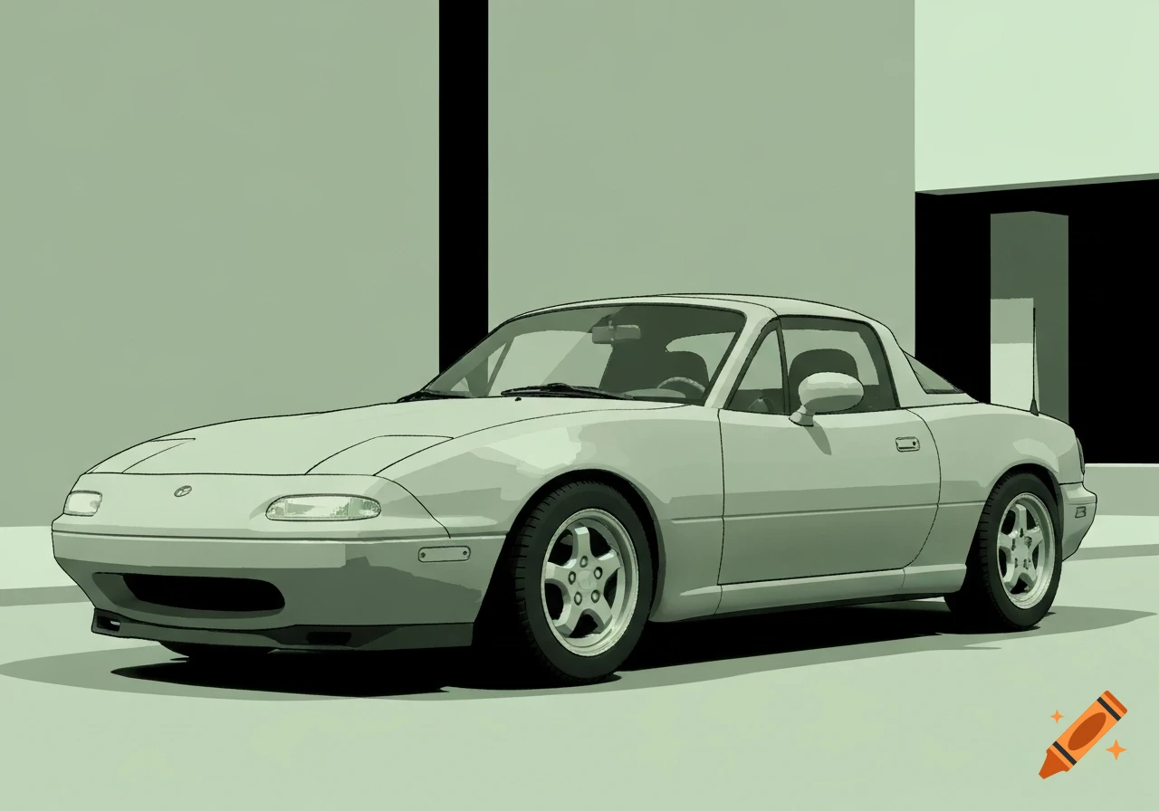 A 1997 Mazda Miata depicted in a low-resolution, green monochrome style reminiscent of a Nintendo Game Boy camera.