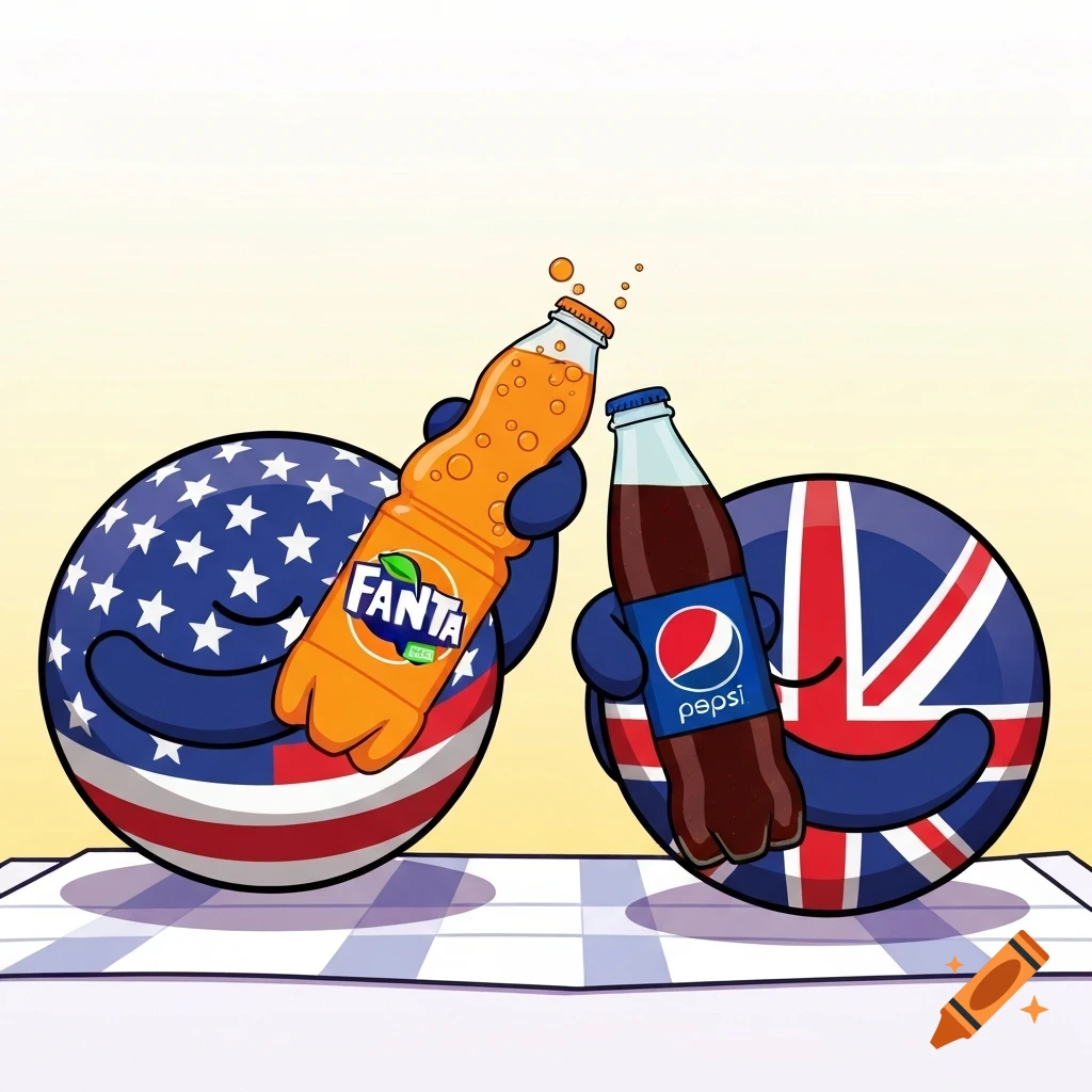 Cartoon countryballs of USA and UK happily holding Fanta and Pepsi sodas on a checkered tablecloth.