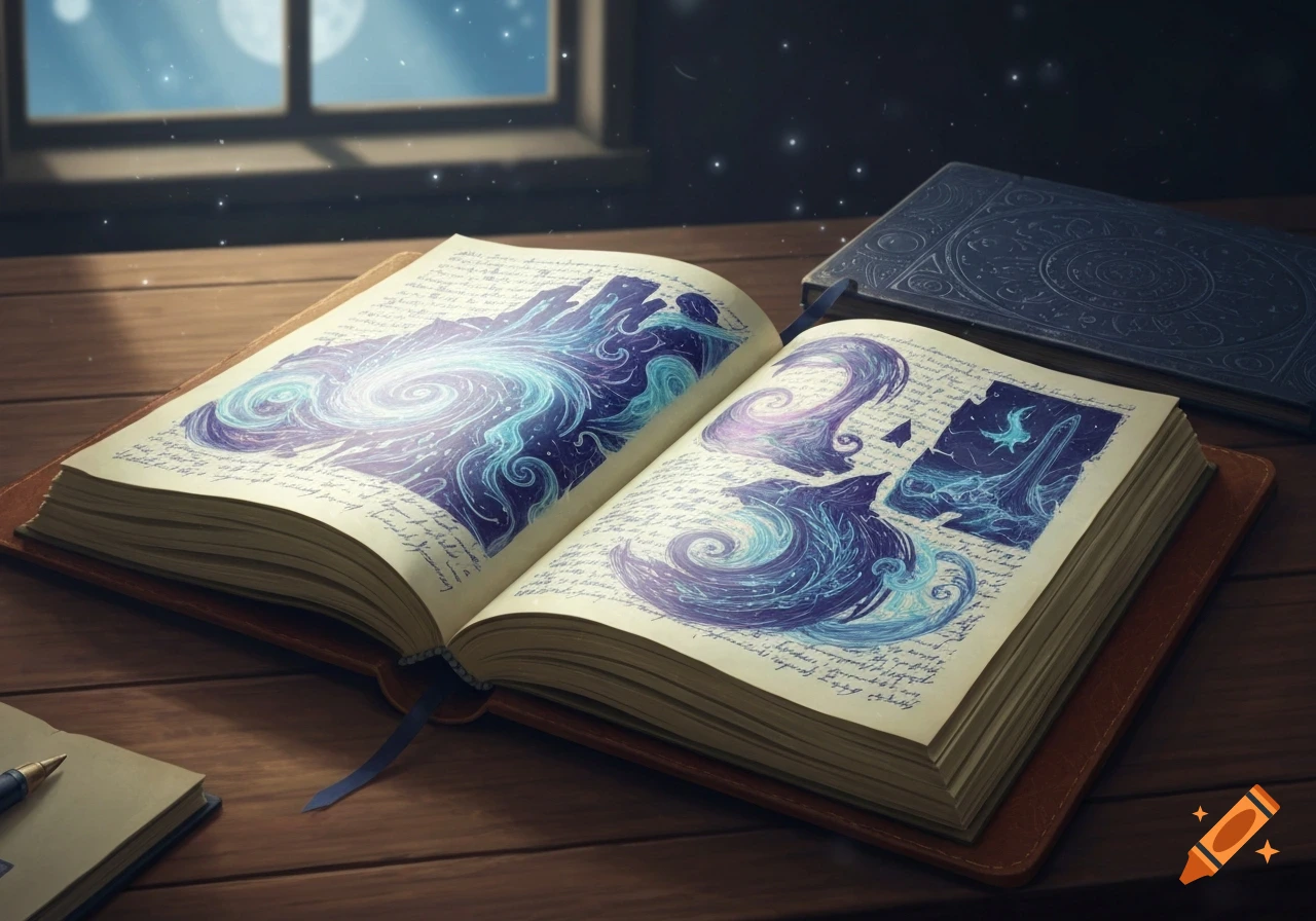 An open fantasy notebook on a wooden table, displaying vibrant blue and ...