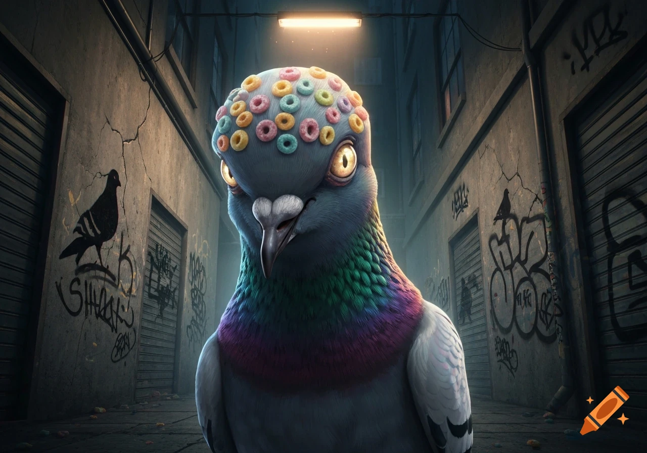 A stylized pigeon with colorful cereal rings on its head stands in a dark, graffiti-covered alley.