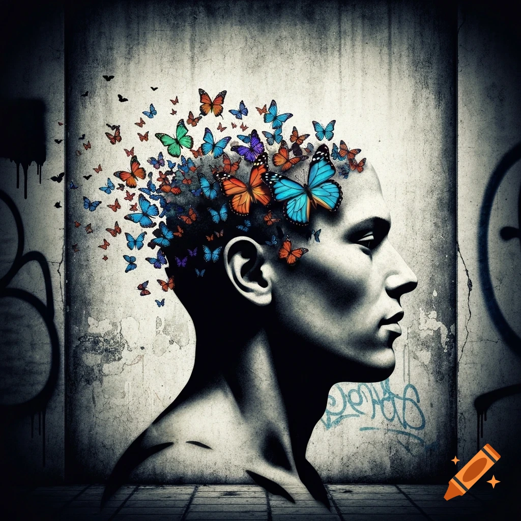 Grayscale profile of a person's head with many colorful butterflies flying around and from it, against a dark, textured wall with graffiti.