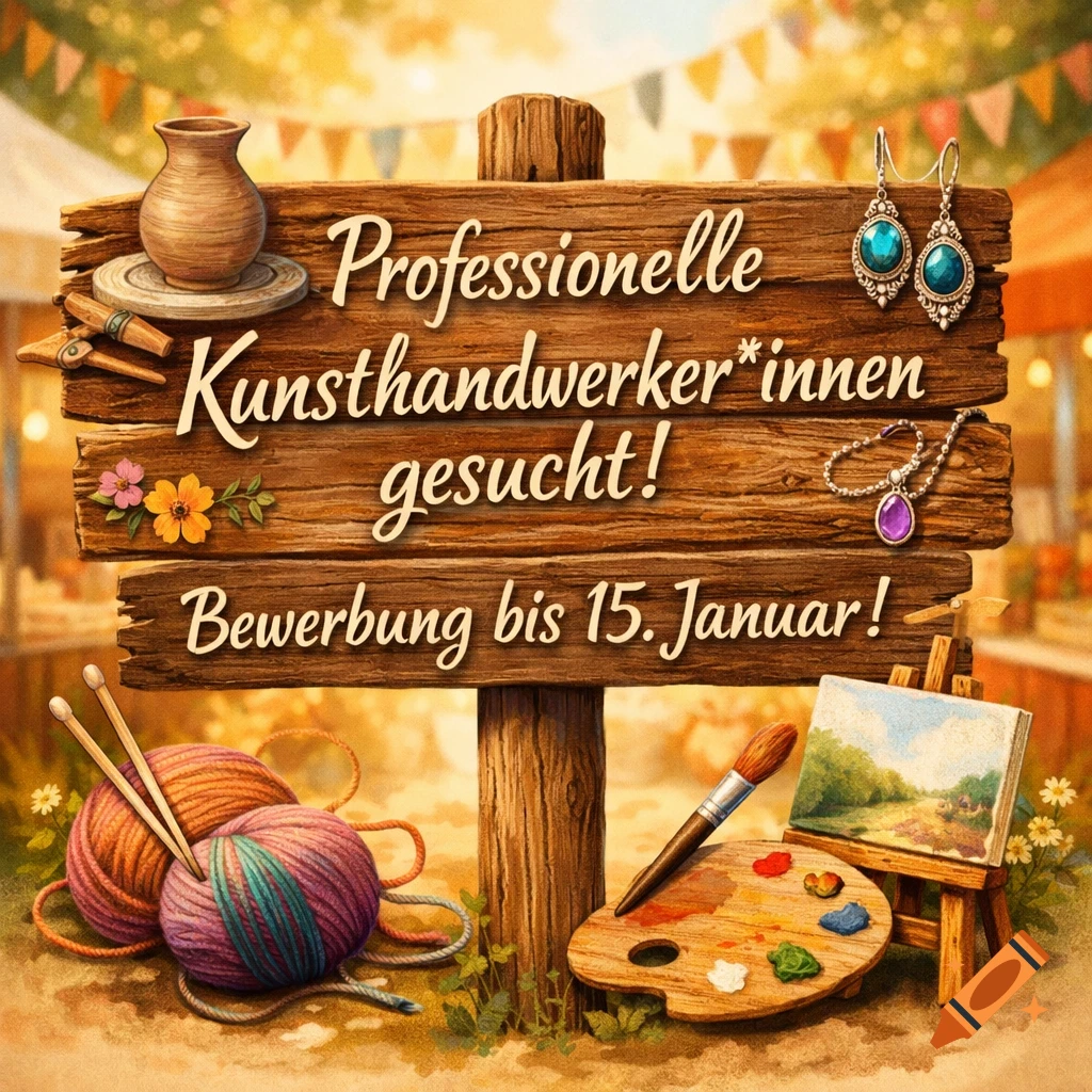 A vibrant illustration of a wooden sign advertising for professional artisans for a market, surrounded by pottery, yarn, paint, and jewelry.
