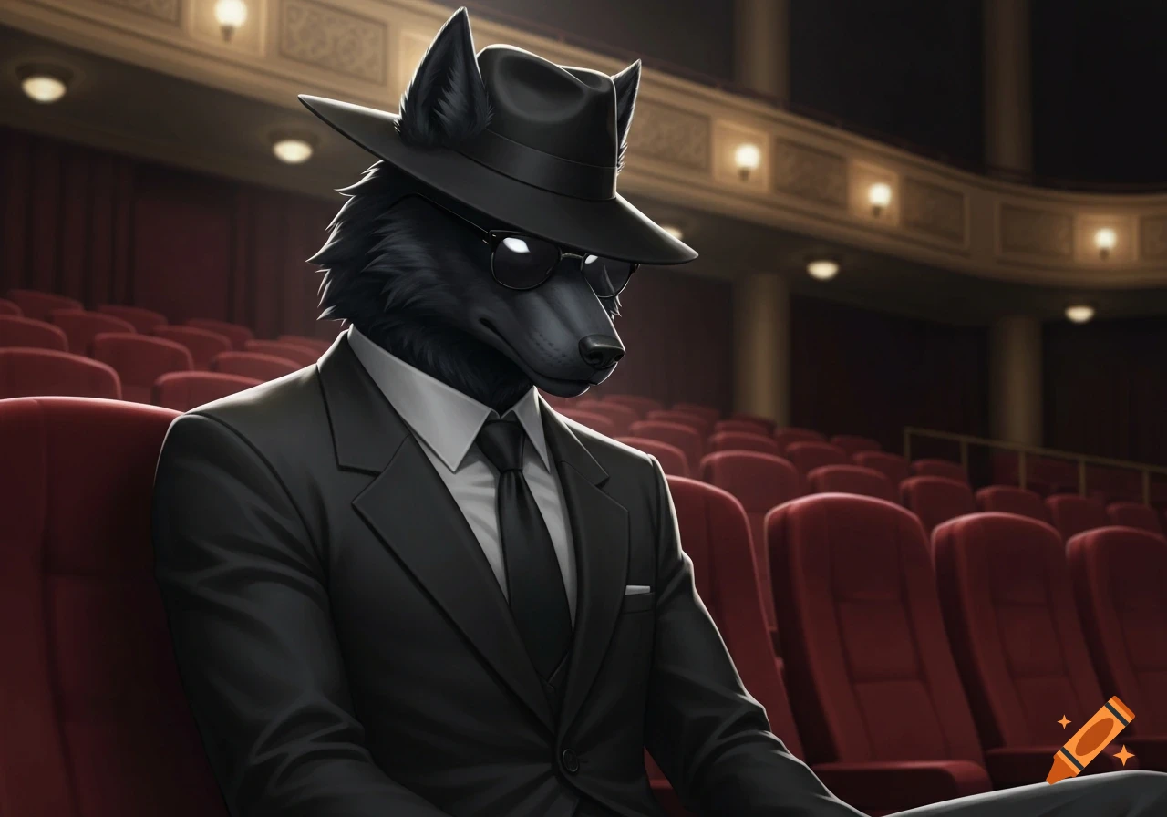 A stylized black wolf in a suit, fedora, and sunglasses sits in a dim, empty movie theater.