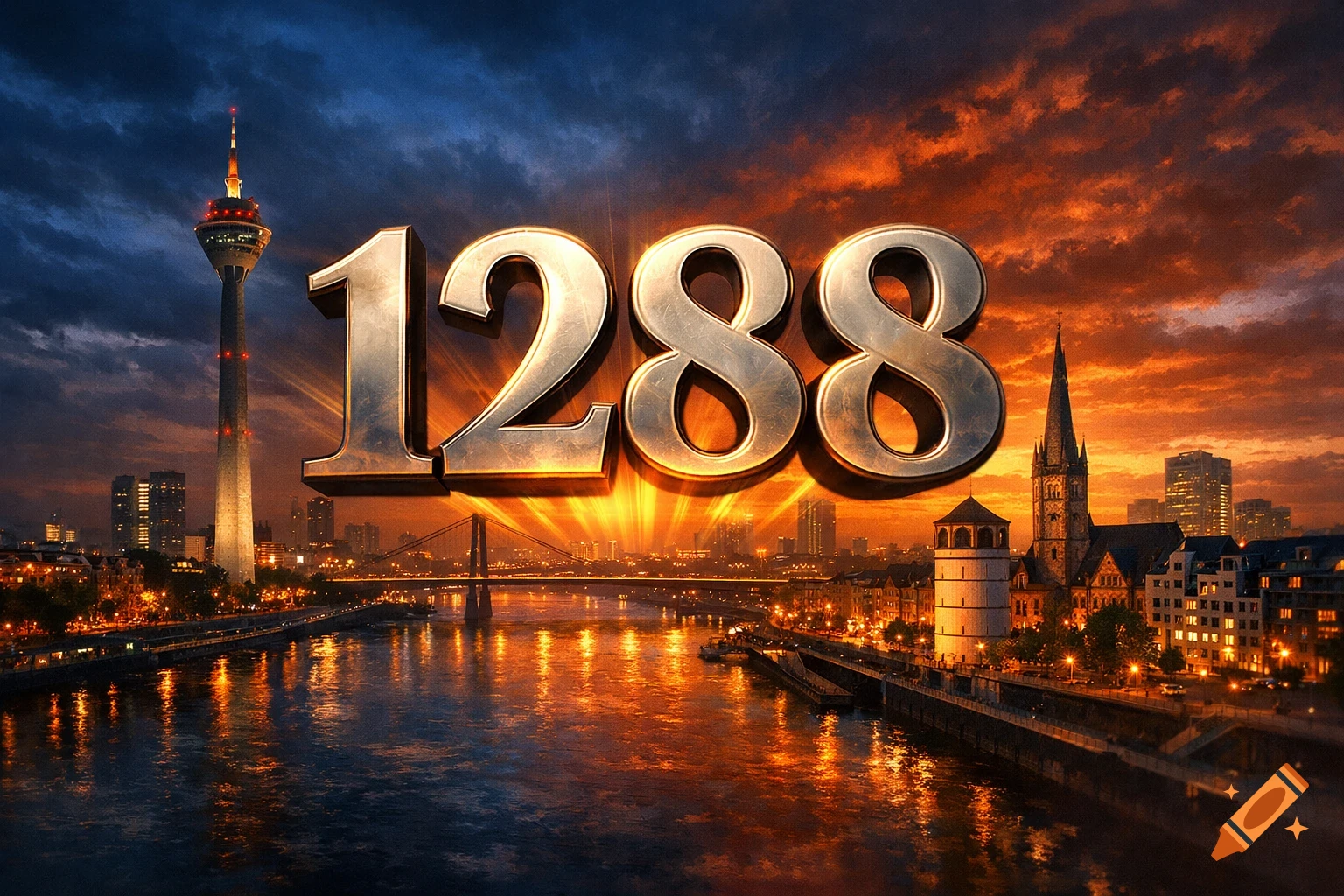 Metallic numbers '1288' floating above a photorealistic city skyline at dusk with a river and illuminated buildings.