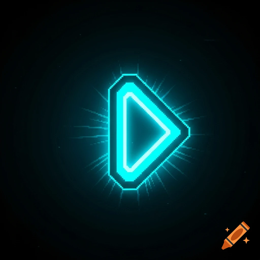 A glowing cyan 2D pixel art play button icon on a dark background.