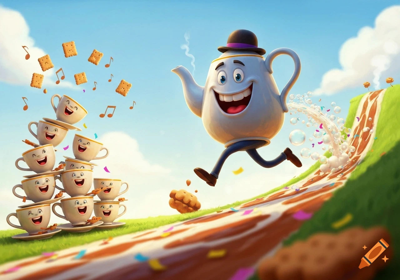 A whimsical cartoon teapot with a hat and legs runs down a hill, spilling water, as a stack of happy teacups and biscuits cheer.
