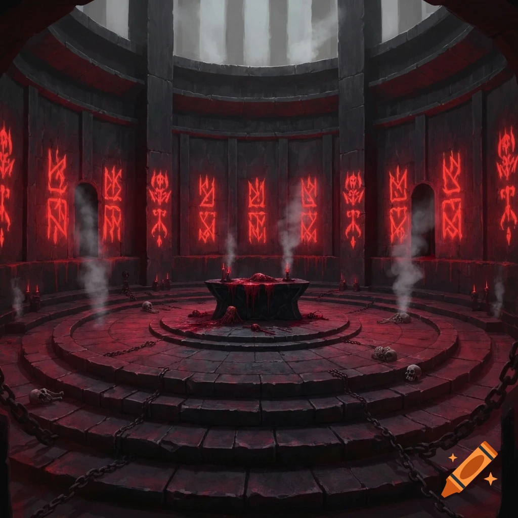 An ominous, circular dungeon room bathed in red light, with glowing red runes on dark stone walls. A blood-filled altar is at the center, surrounded by chains and scattered skulls on the stone floor.