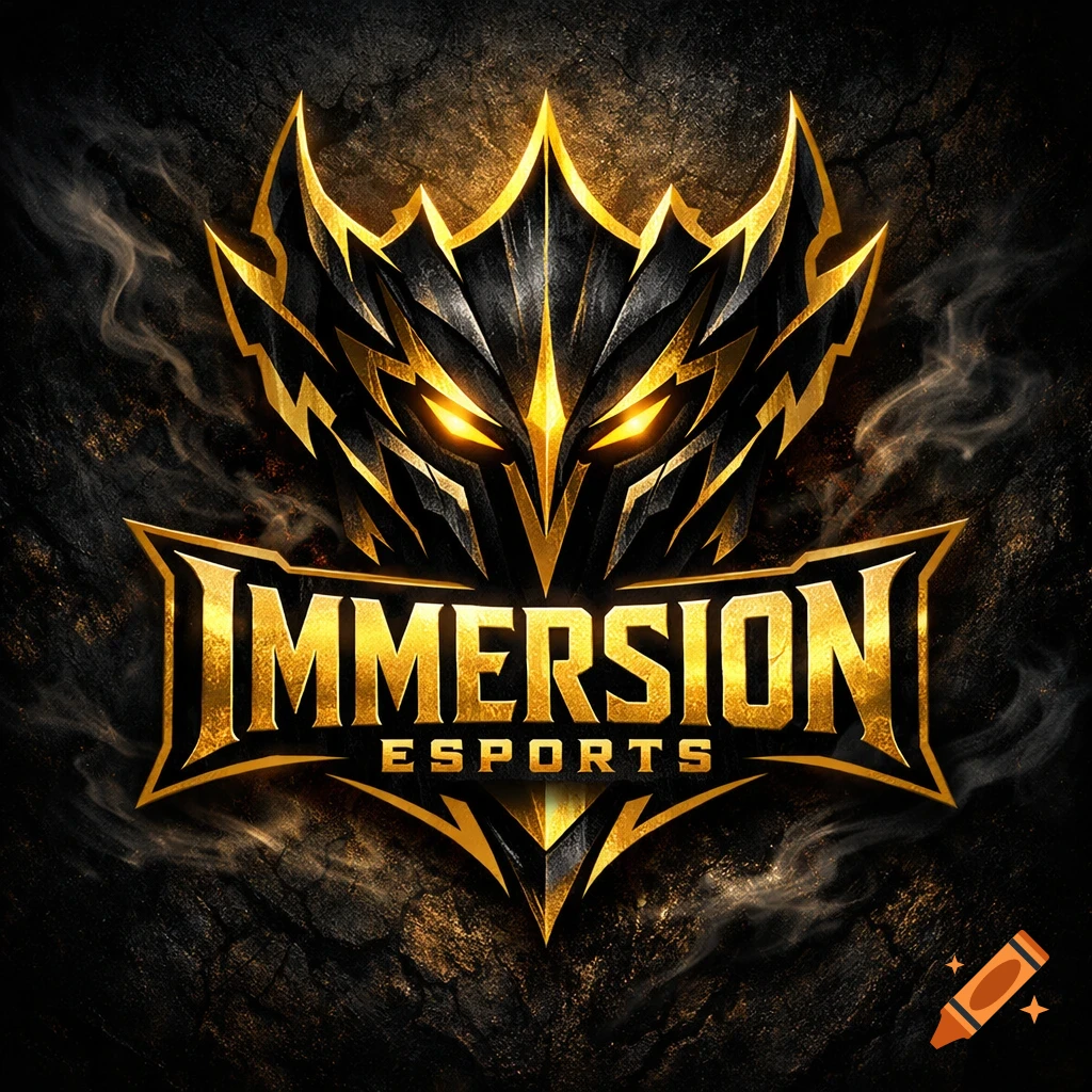 Bold, metallic gold and black 'Immersion Esports' logo with sharp edges and glowing eyes on a smoky dark background.