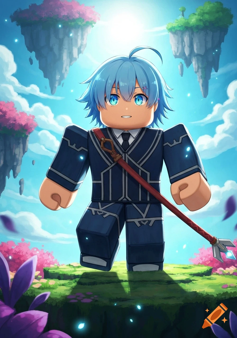 Anime-style Roblox character with blue hair and suit, holding a staff, in a fantasy world with floating islands and bright sky.