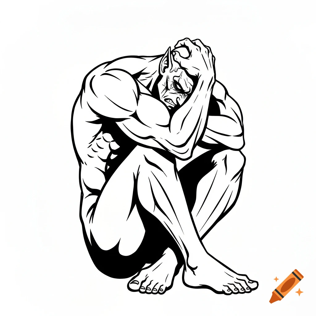 A minimalist black-and-white sketch of a muscular creature in a fetal position, hands on its head.