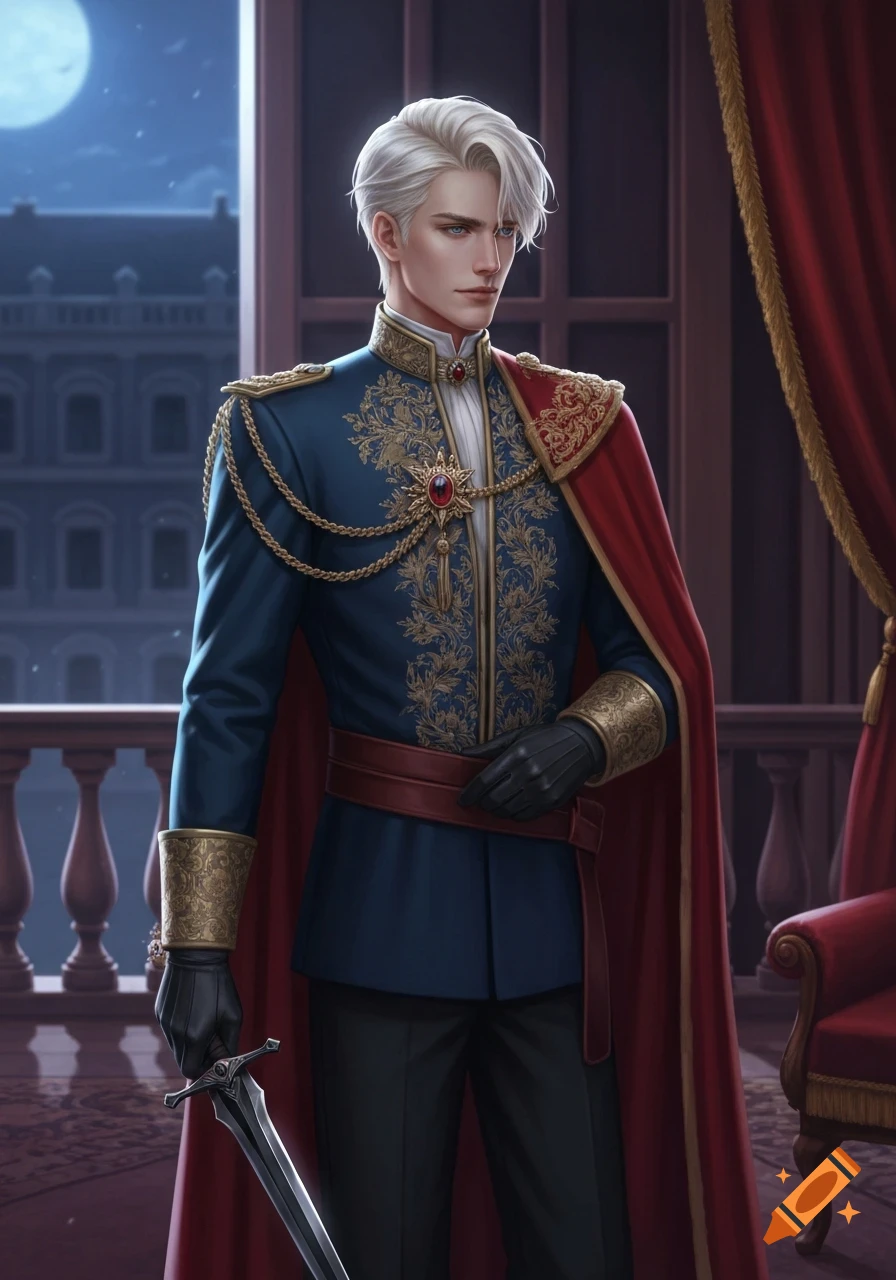 A young man with platinum hair in ornate blue and red royal regalia holds a dagger, standing on a balcony at night.