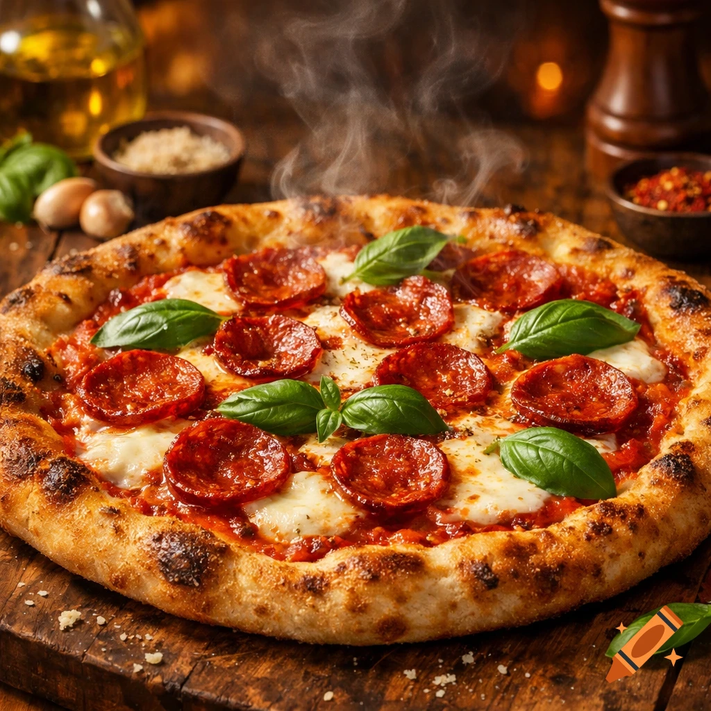 Steaming pepperoni and basil pizza with melted mozzarella on a rustic wooden board, flanked by olive oil, garlic, and spices in a warm-lit setting.