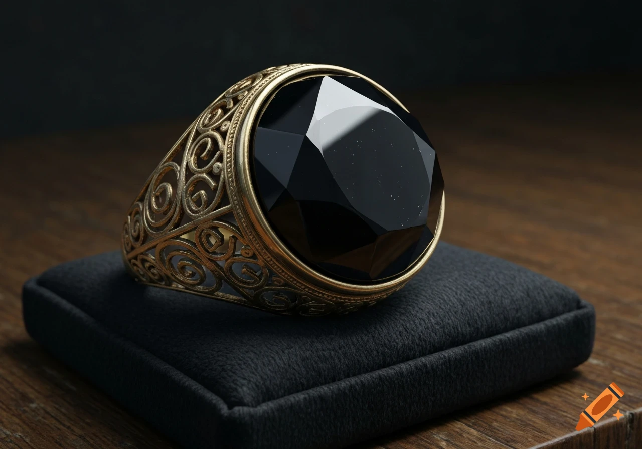 A photorealistic close-up of a gold ring with intricate filigree, featuring a large faceted black obsidian stone, resting on a black cushion.