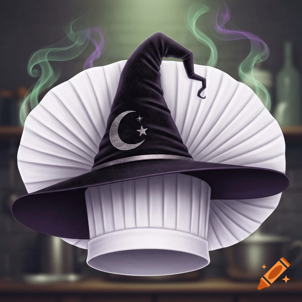 A black witch hat with a silver moon and stars sits atop a white chef's toque, with frilled paper and magical smoke against a blurred kitchen.