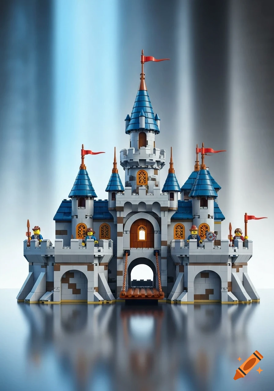 A detailed Lego castle with blue roofs, red flags, and several minifigures stands on a reflective surface.