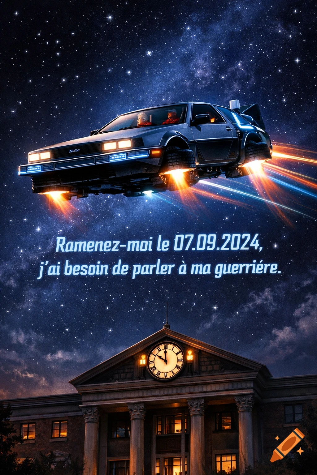 A flying DeLorean time machine with glowing trails against a starry night sky, above a clock tower, with French text overlay.