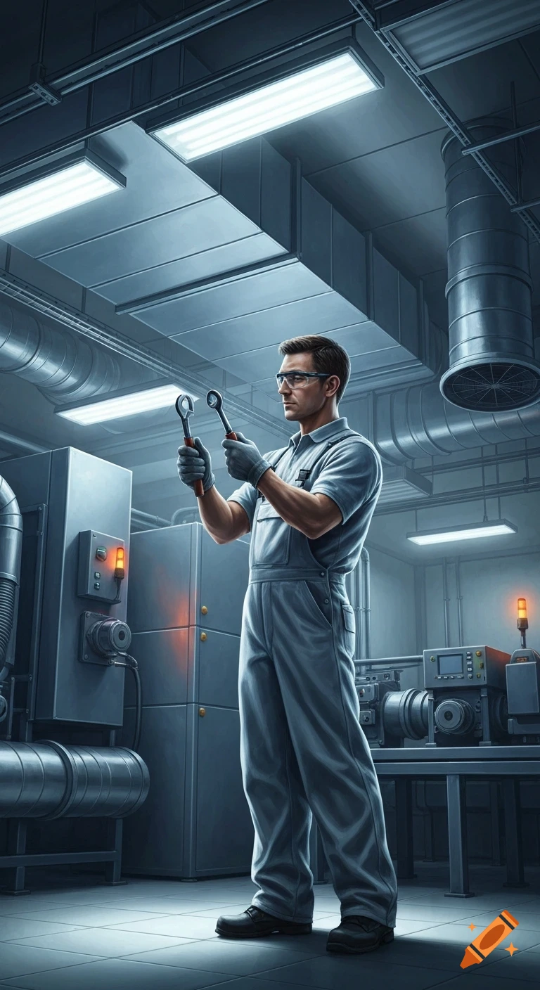 A man in overalls and safety glasses, an HVAC technician, stands in an industrial setting, holding two wrenches.
