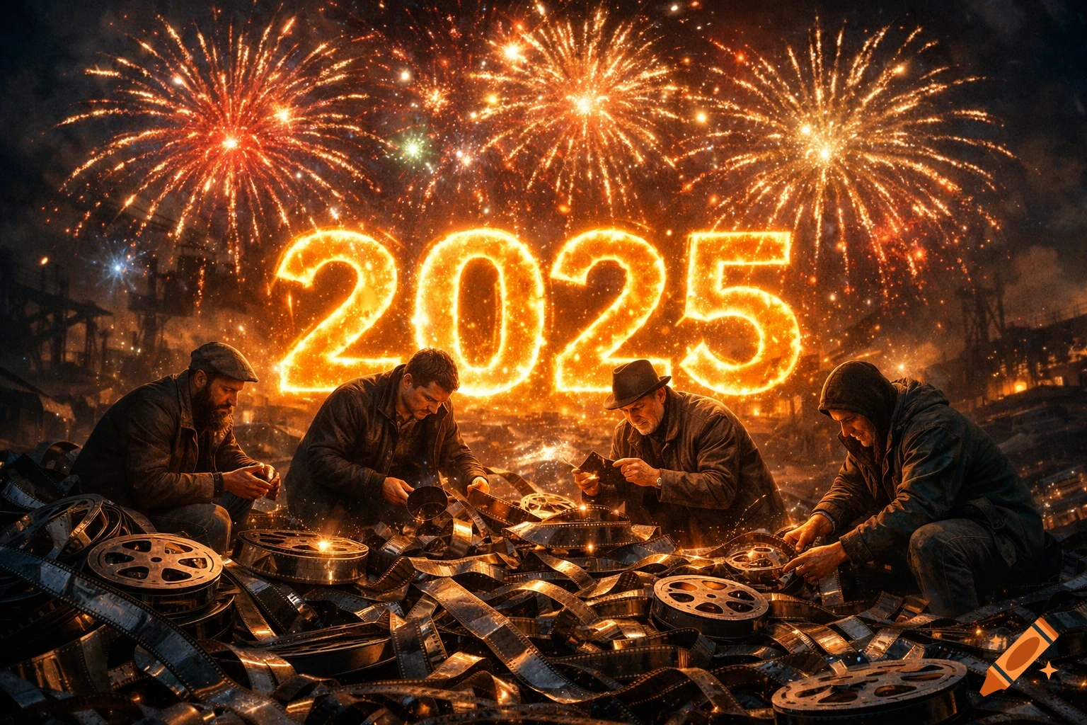 Four men sift through piles of film reels under a night sky with glowing 2025 numbers and vibrant fireworks. Photorealistic style.