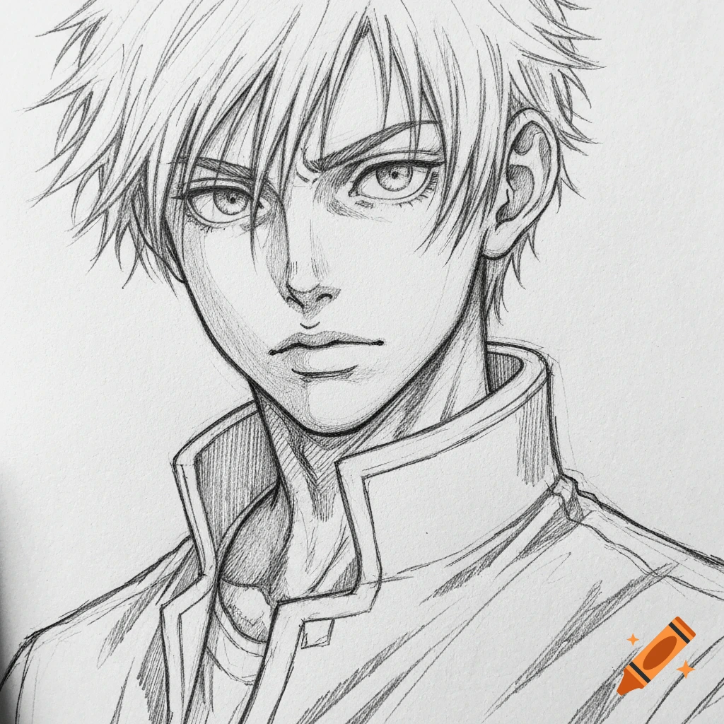 A manga-style pencil sketch portrait of a young man with spiky hair, wearing a high-collared jacket.