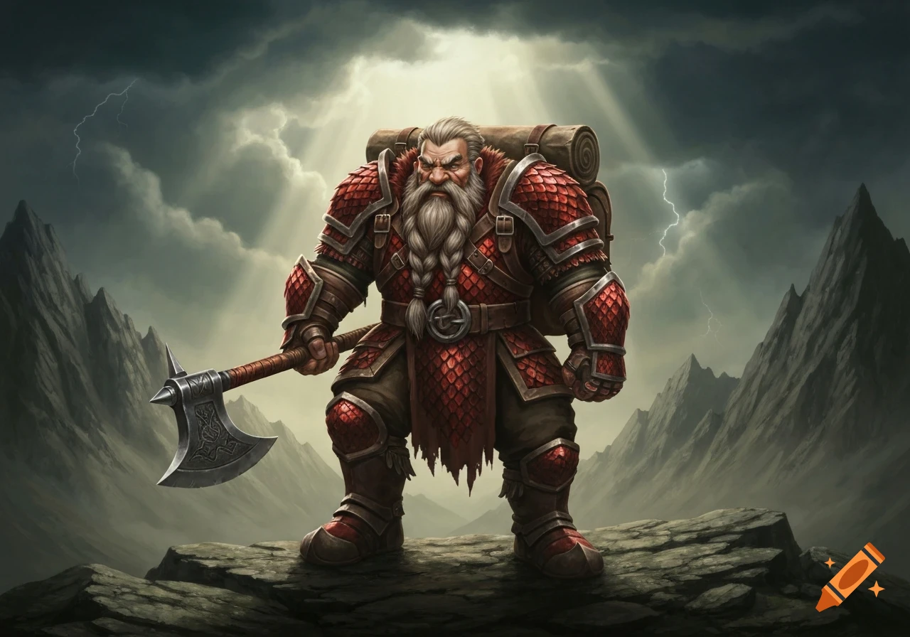 A stern mountain dwarf warrior in red dragon scale armor with a braided white beard holds a double-bladed axe on a rocky peak under a stormy, lightning-filled sky.