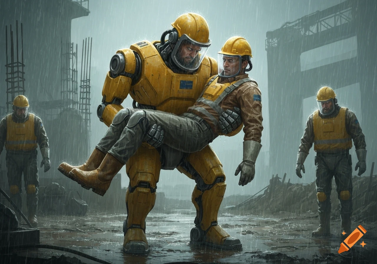 A large yellow robot carries an injured construction worker in an exoskeleton through a rainy construction site, with two other figures watching in the background.