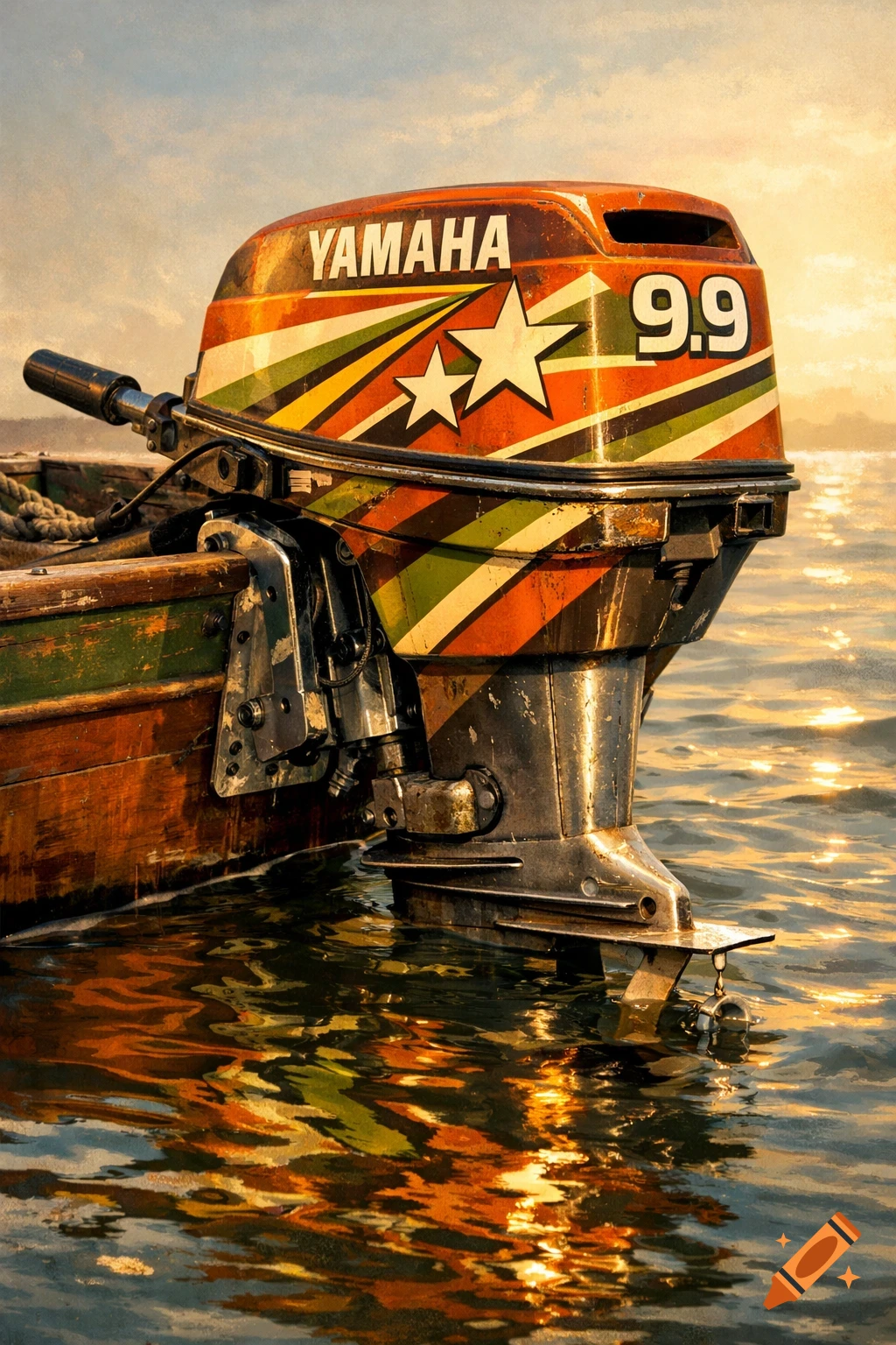 Close-up of a retro-styled Yamaha 9.9 outboard motor on a wooden boat, partially in sunlit water.