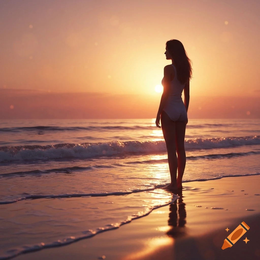 Silhouetted woman stands on a beach at sunset, looking out at the ocean.