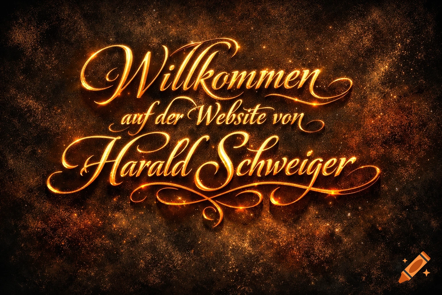 Glowing golden script text 'Willkommen auf der Website von Harald Schweiger' on a dark, sparkly background.