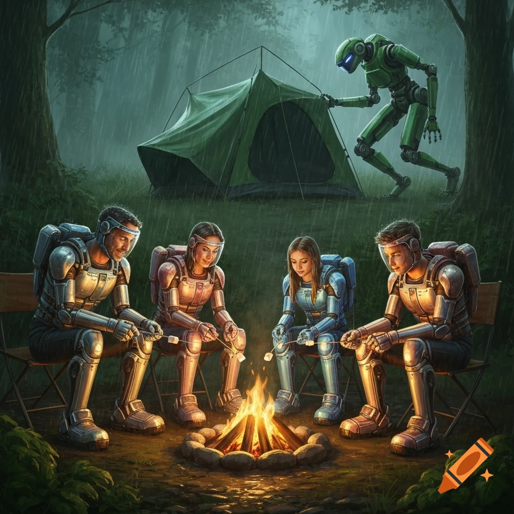 A family in futuristic exoskeletons roasts marshmallows around a campfire in the rainy woods, while a green robot sets up a tent.