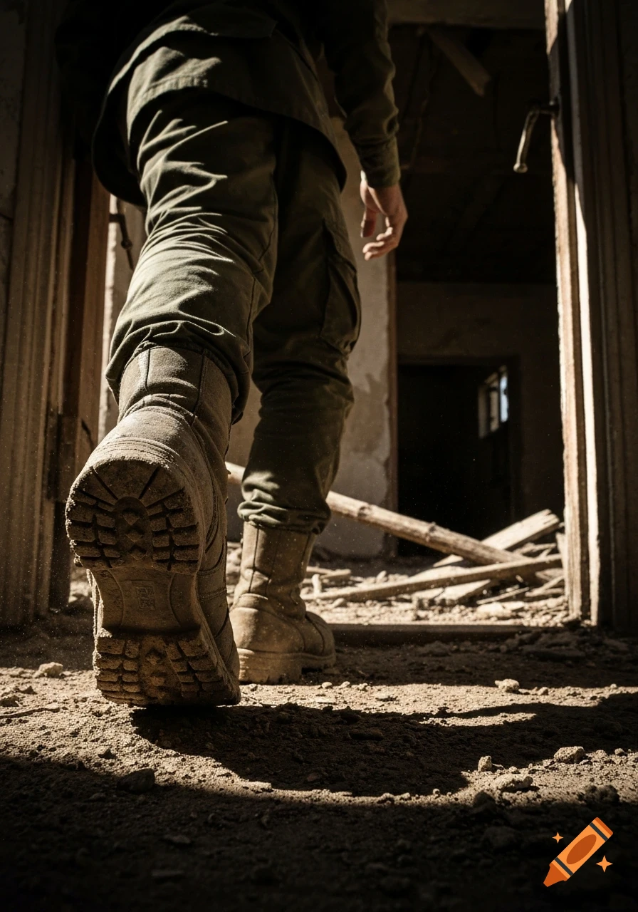 Low-angle shot of a person in military boots walking through a dusty, ruined doorway into a dark building.