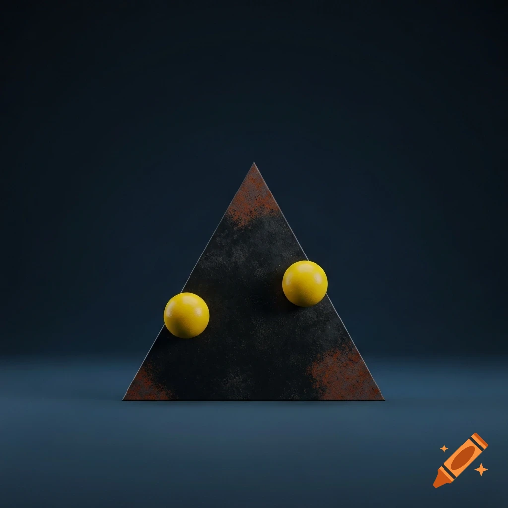 Two bright yellow spheres rest on a rusty black triangle, against a dark blue background, in a minimalist 3D render.