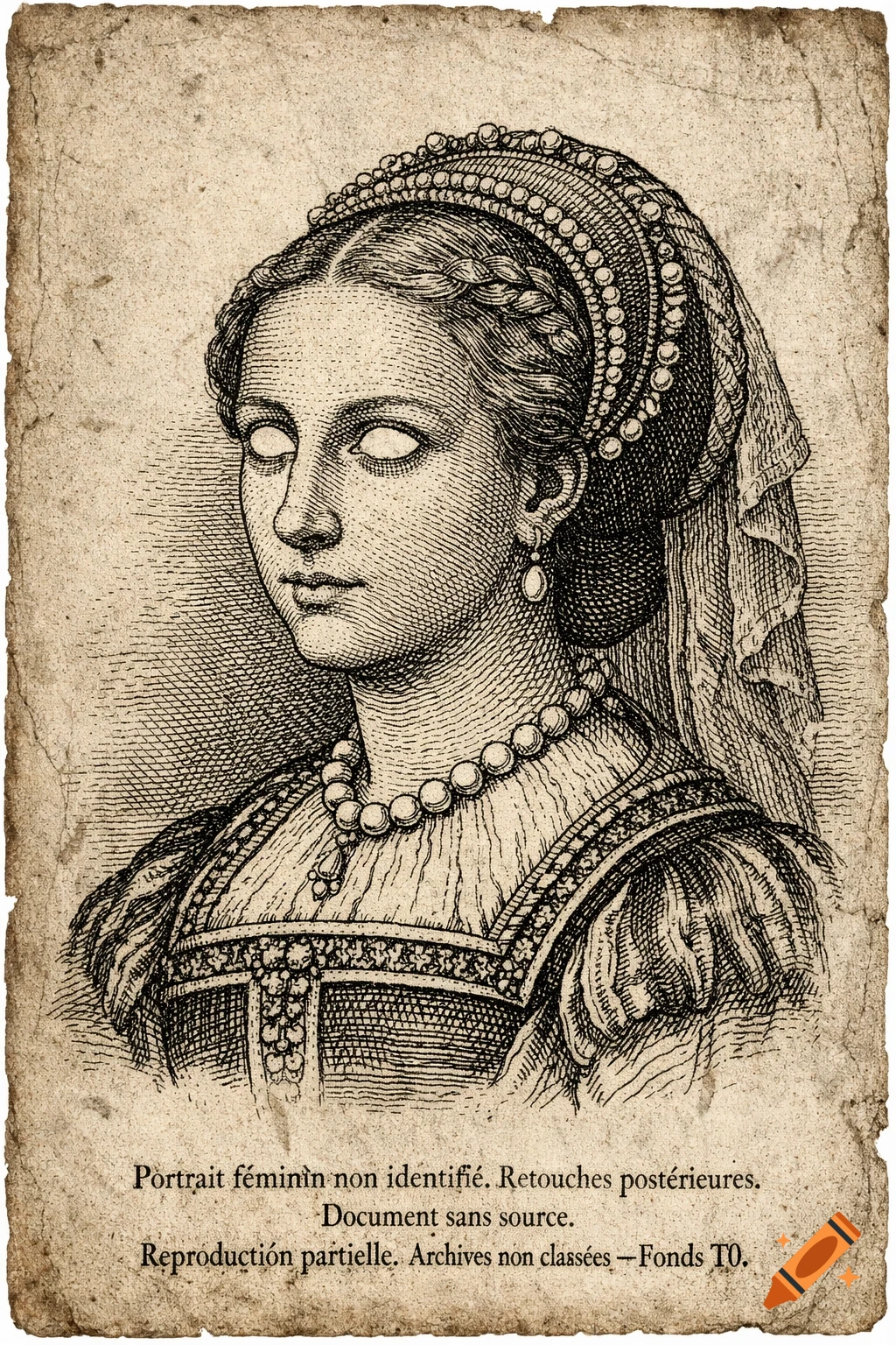 Black and white Renaissance engraving portrait of a woman with a pearl necklace, on aged paper with text below.