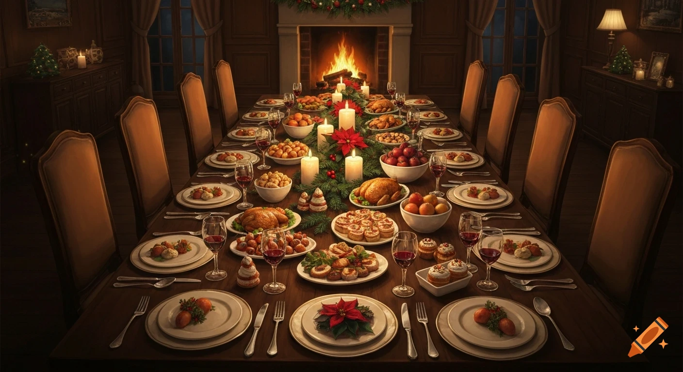 A grand Christmas dinner table laden with food and festive decorations, set in a traditional dining room with a fireplace.