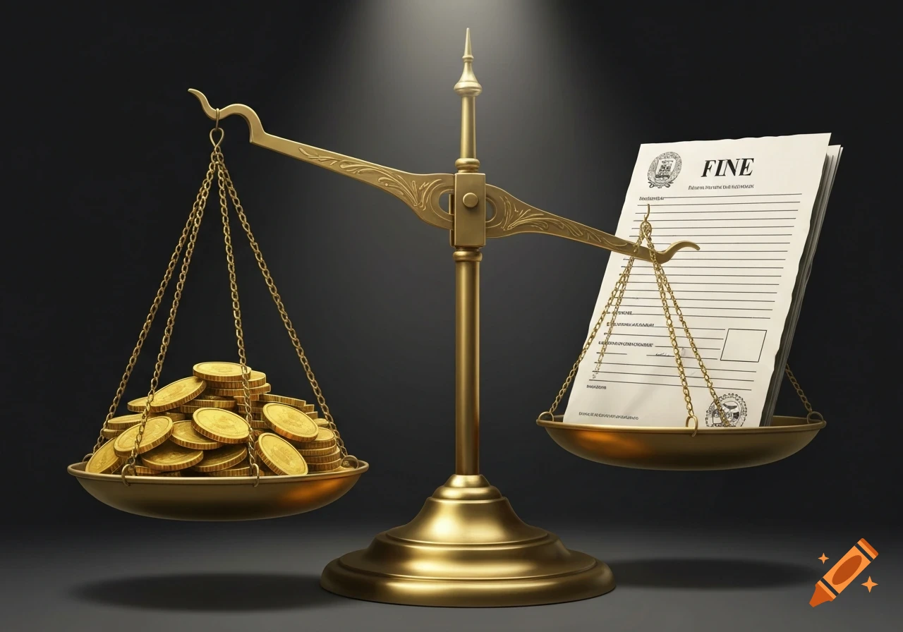 A brass balance scale with a pile of gold coins on the left pan and a stack of papers with the word "FINE" on the right pan, implying a financial penalty.
