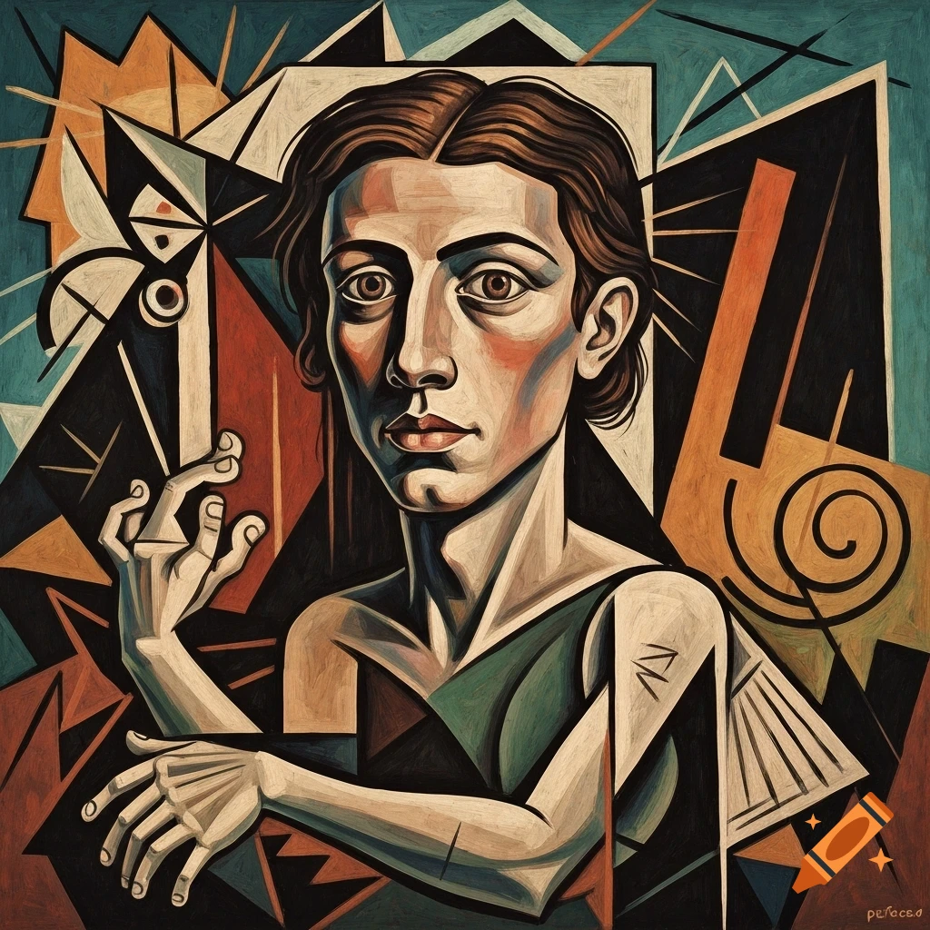 A Cubist-style portrait painting of a person with dark hair, looking forward, surrounded by geometric shapes in shades of brown, teal, and orange.