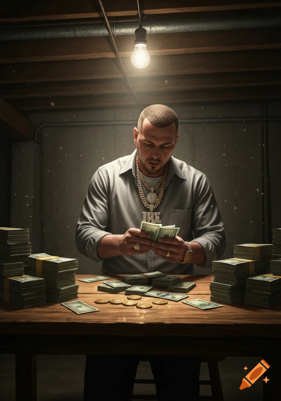 A light-skinned man with gold chains counts stacks of money on a table in a dimly lit basement.