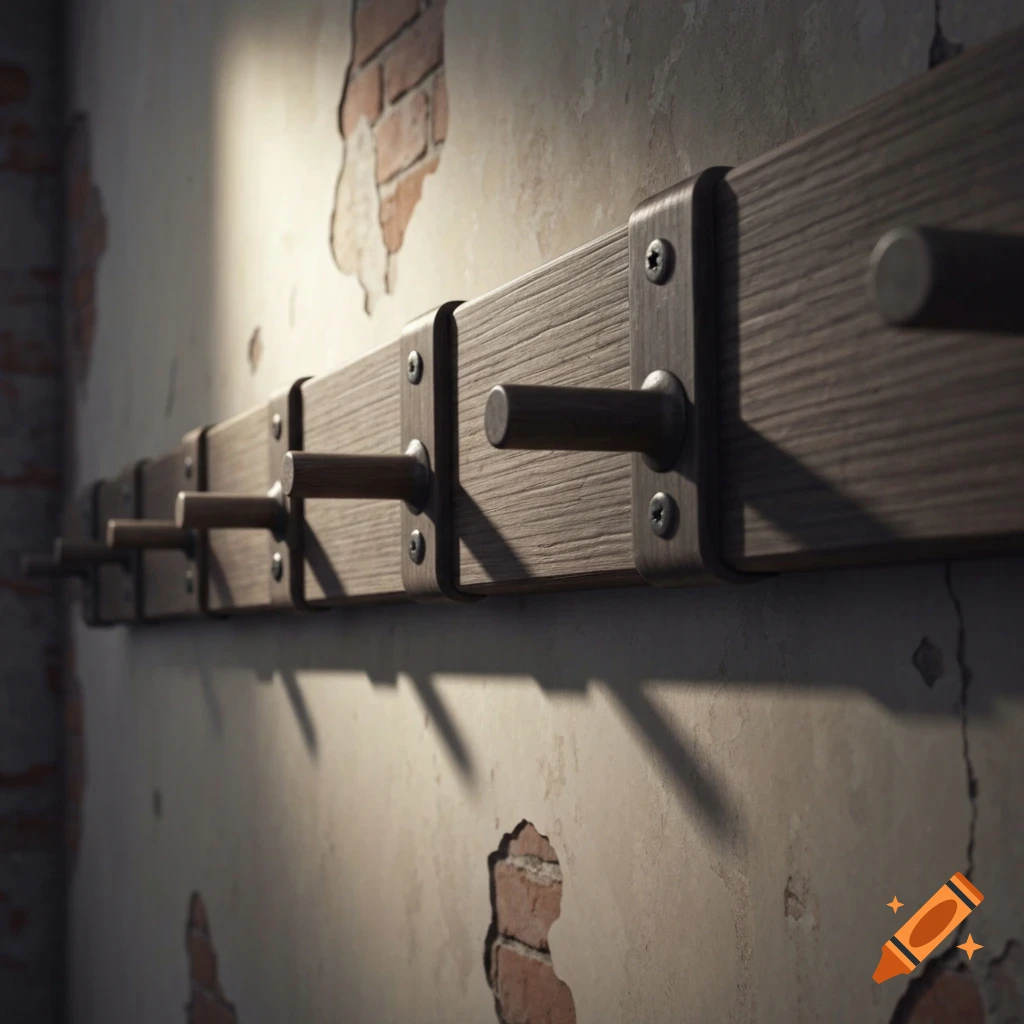 A row of wooden hat pegs with metal clamp attachments on a weathered wall with exposed brick patches, lit by soft light.