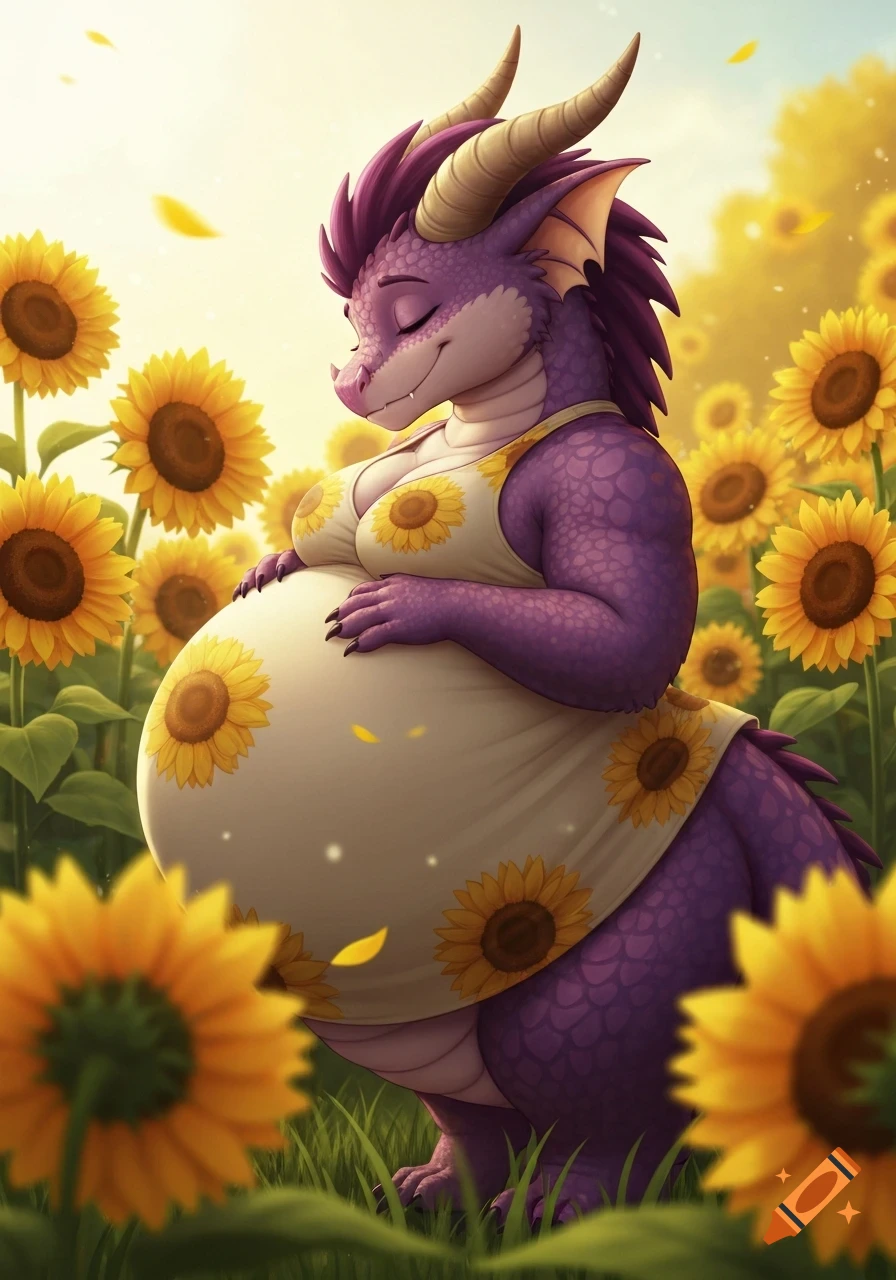 A cute purple anthropomorphic dragon in a sunflower dress smiles while looking at her pregnant belly in a sunflower field.