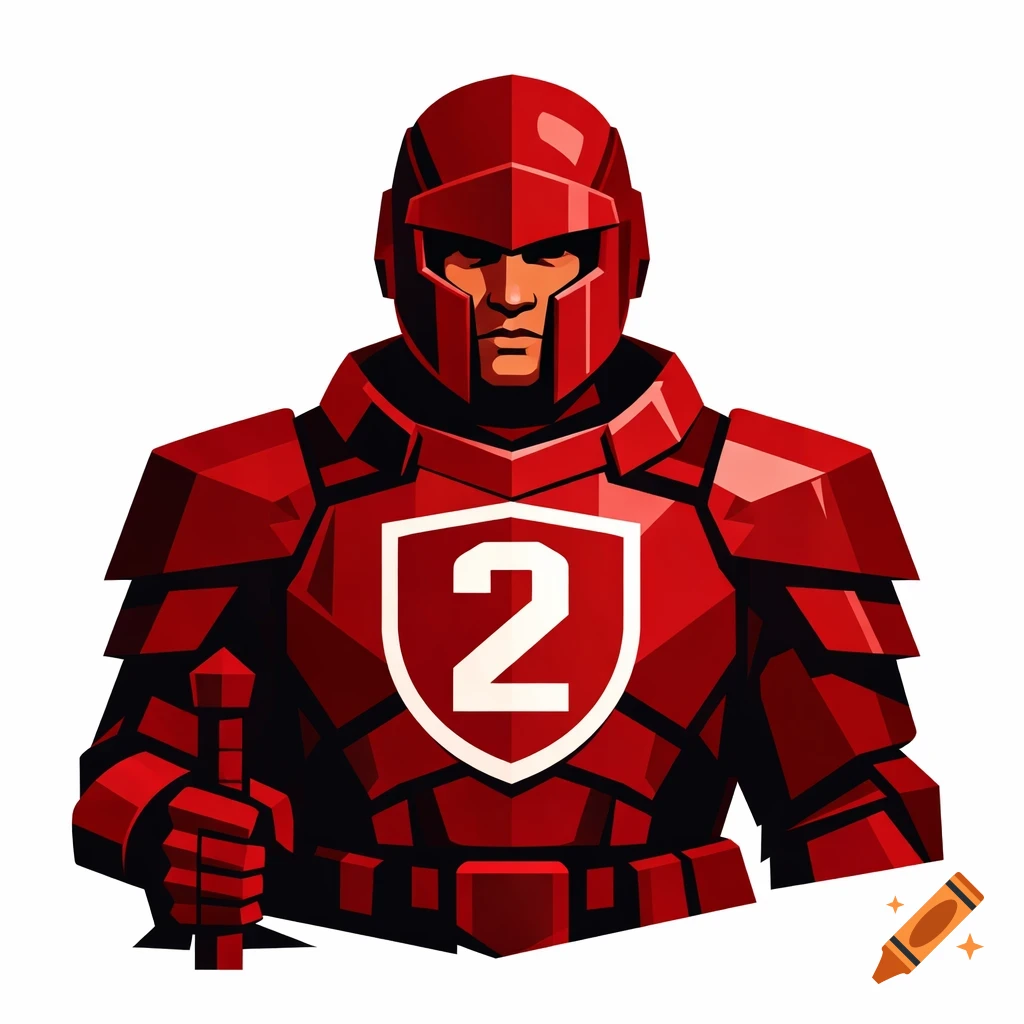 Stylized illustration of a determined knight in futuristic red armor with a helmet, holding a sword. A shield with the number '2' is on the chest.