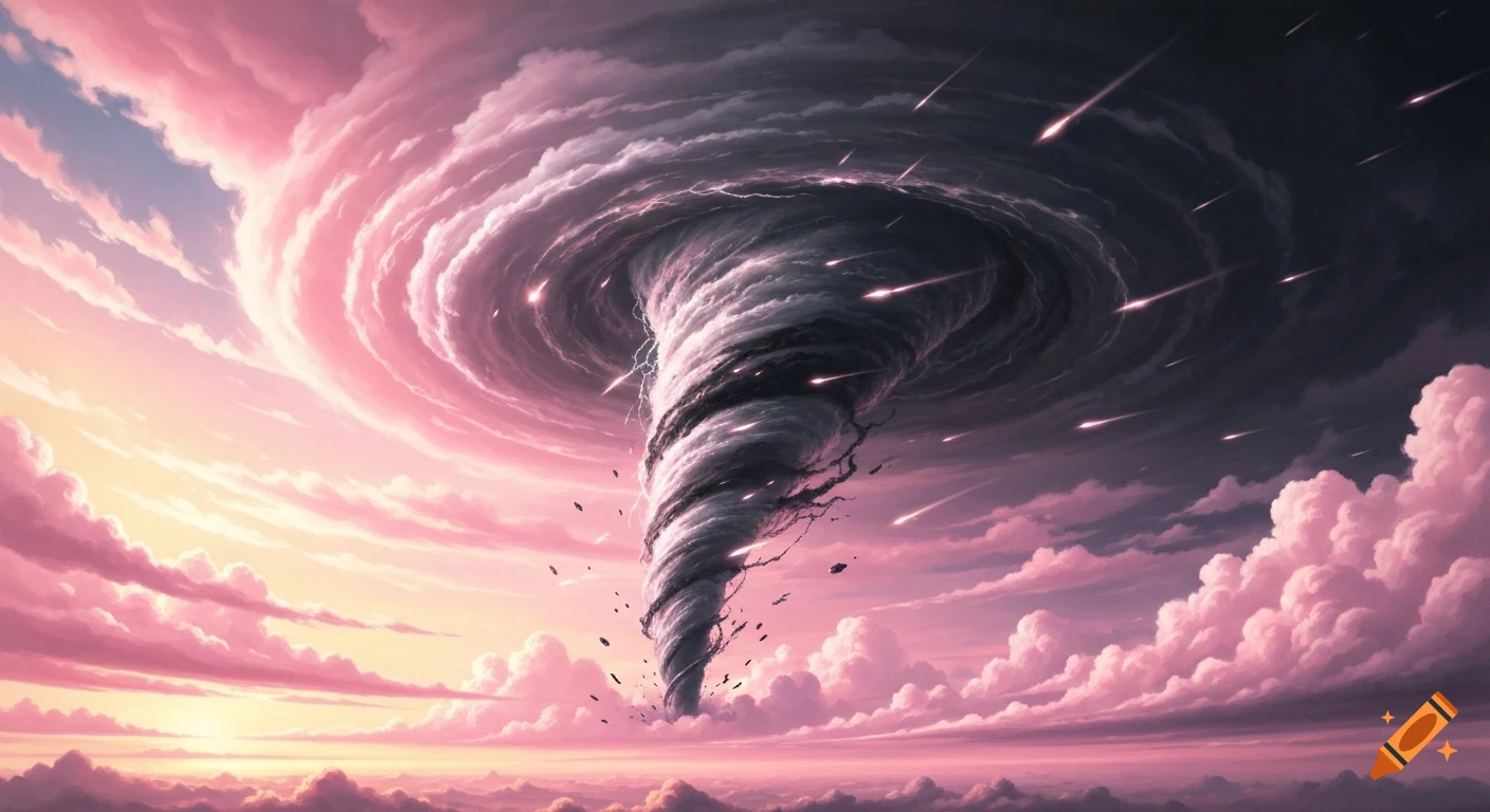 A giant, dark tornado swirls under a dramatic, chaotic sky with pink and dark clouds and glowing streaks falling.