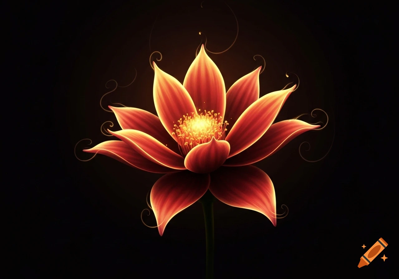 Stylized glowing red-orange lotus flower with a bright center and swirling tendrils against a dark background.