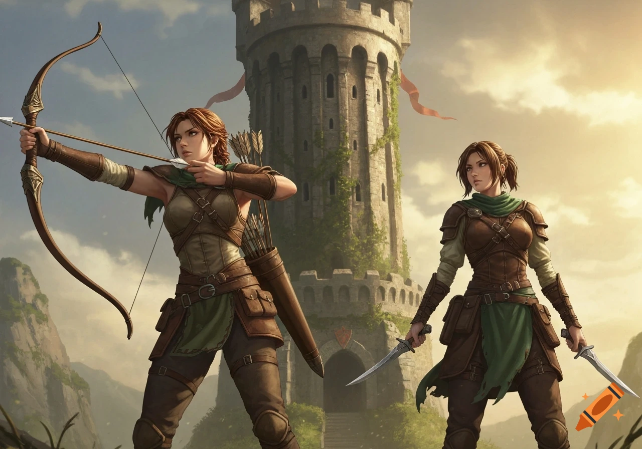 Two female fantasy rangers in a detailed anime style, one aiming a bow, the other with dual daggers, standing before an ancient tower.