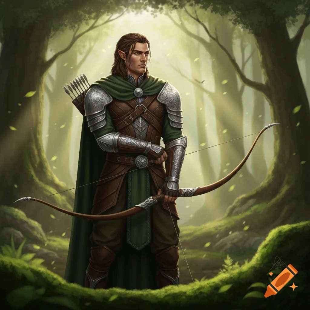 A male elven archer with a bow and quiver stands in a sunlit forest, wearing green and brown armor.