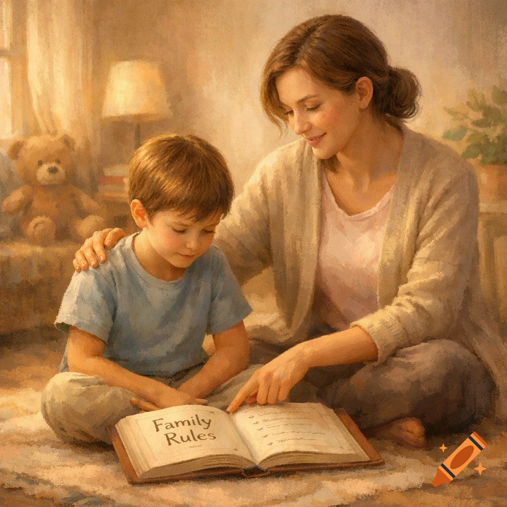 A mother and child sit on the floor, reading a book titled 'Family Rules,' in a warm, painterly style.