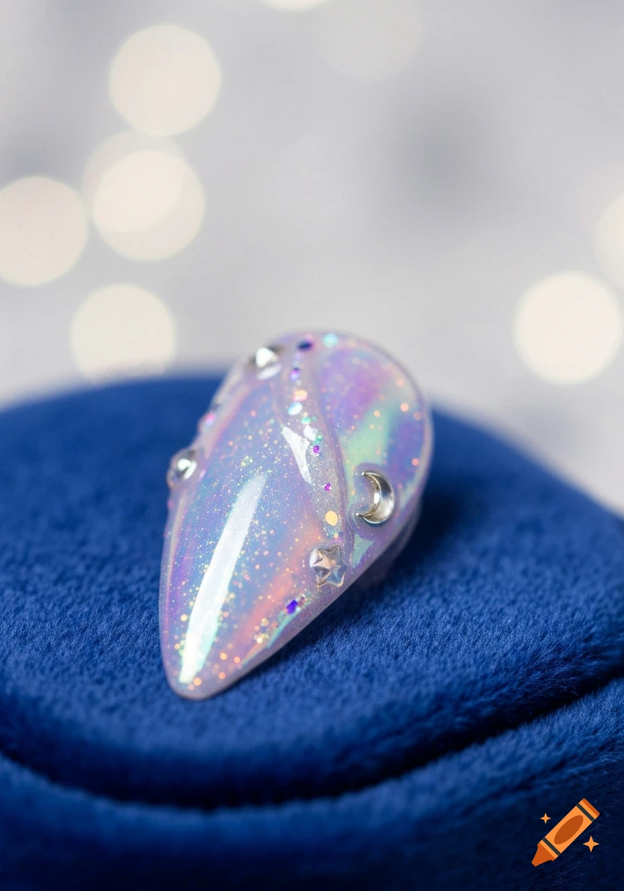 Close-up of a sparkling iridescent press-on nail with glitter, gems, a star, and a moon, on blue velvet.