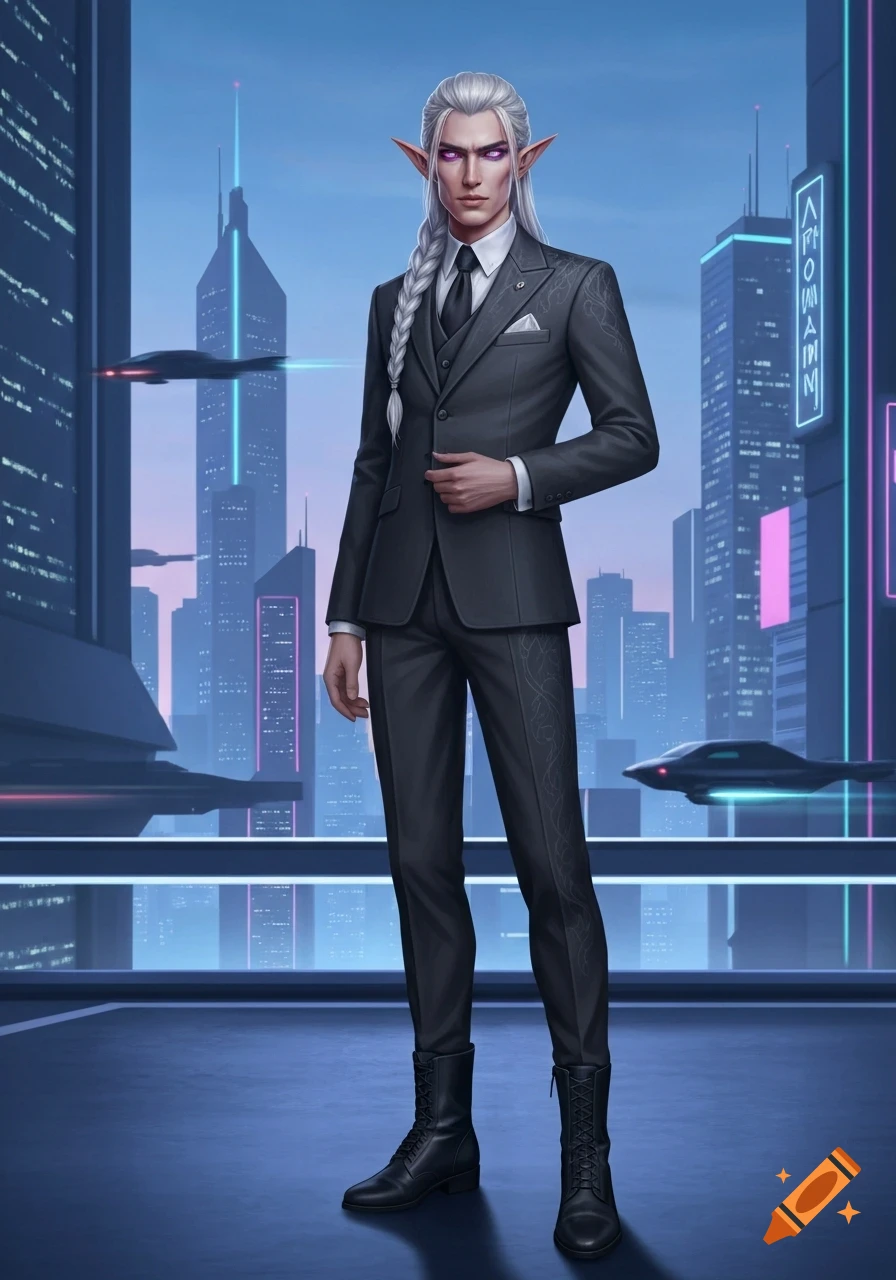 A male elf with white braided hair, purple eyes, and pointed ears ...