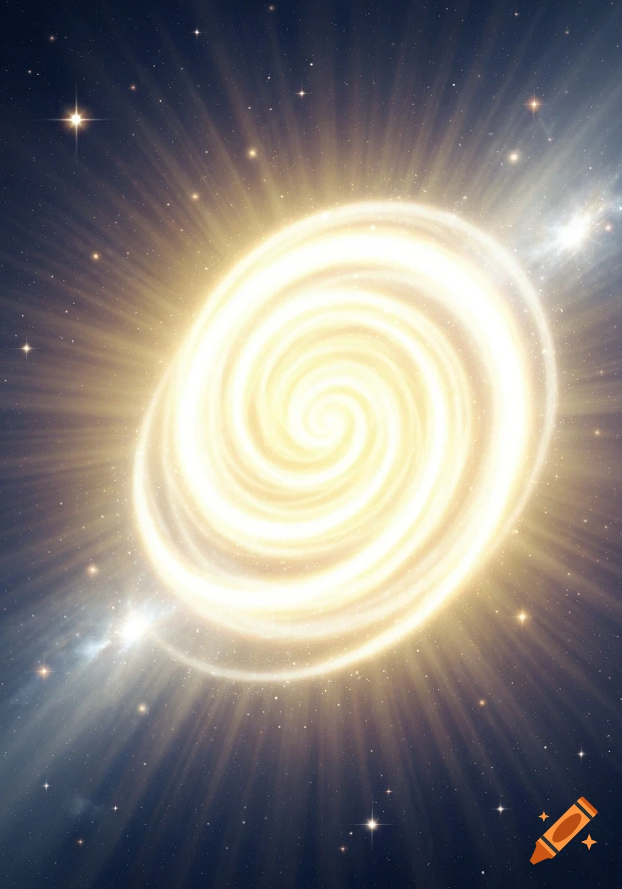 A luminous golden spiral vortex shines brightly with emanating light rays in a dark starry cosmic background.